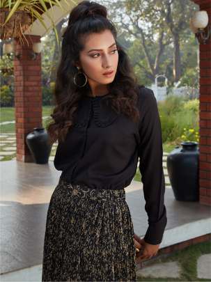 Black Cotton Casual Wear Printed Readymade Skirt With Top