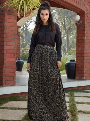 Black Cotton Casual Wear Printed Readymade Skirt With Top Top