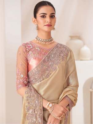 Golden Sattin Chiffon Party Wear Embroidery Work Saree