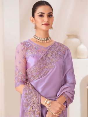 Lavender Sattin Chiffon Party Wear Embroidery Work Saree