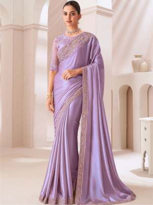 Lavender Sattin Chiffon Party Wear Embroidery Work Saree Saree