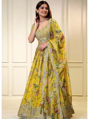 Lemon Yellow Organza Party Wear Sequins Work Readymade Lehenga Choli