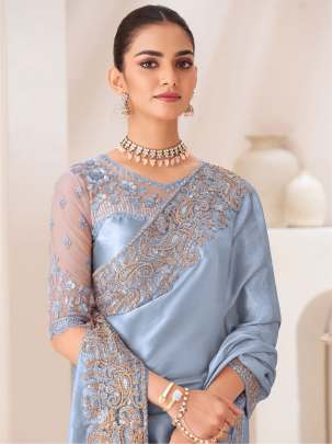 Light Blue Sattin Chiffon Party Wear Embroidery Work Saree