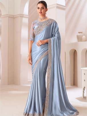 Light Blue Sattin Chiffon Party Wear Embroidery Work Saree Saree