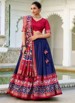 Navy Blue Tussar Silk Festival Wear Patola Print Lehenga Choli