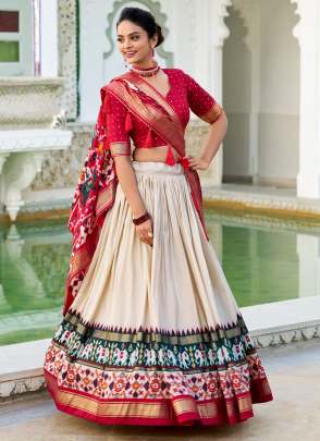 Off White Tussar Silk Festival Wear Patola Print Lehenga Choli