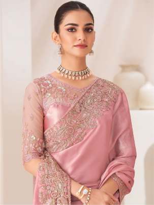 Peach Sattin Chiffon Party Wear Embroidery Work Saree