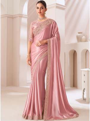 Peach Sattin Chiffon Party Wear Embroidery Work Saree Saree