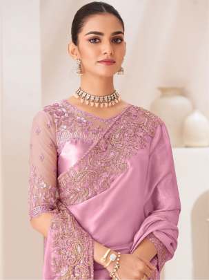 Pink Sattin Chiffon Party Wear Embroidery Work Saree