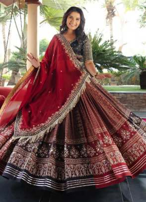 Red Muslin Cotton Festival Wear Mirror Work Readymade Lehenga Choli