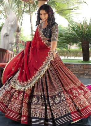 Red Muslin Cotton Festival Wear Mirror Work Readymade Lehenga Choli Lehenga Choli