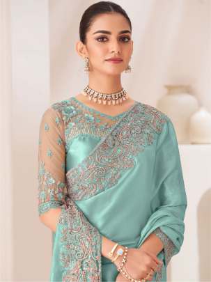 Teal Sattin Chiffon PartyWear Embroidery Work Saree