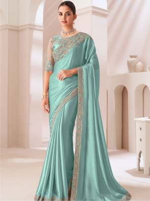 Teal Sattin Chiffon PartyWear Embroidery Work Saree Saree